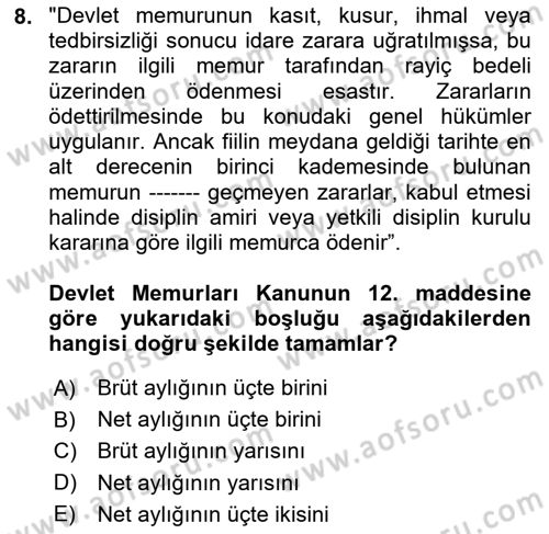 Kamu Personel Hukuku Dersi 2021 - 2022 Yılı Yaz Okulu Sınav Soruları 8. Soru