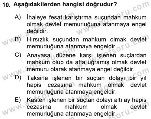 Kamu Personel Hukuku Dersi Ara Sınavı Deneme Sınav Soruları 10. Soru