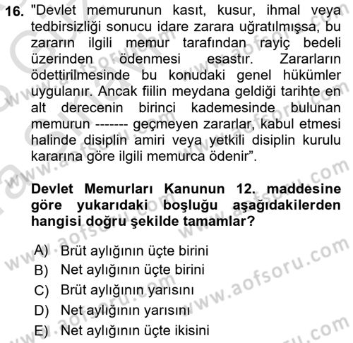 Kamu Personel Hukuku Dersi Ara Sınavı Deneme Sınav Soruları 16. Soru
