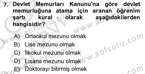 Kamu Personel Hukuku Dersi 2022 - 2023 Yılı (Vize) Ara Sınav Soruları 7. Soru