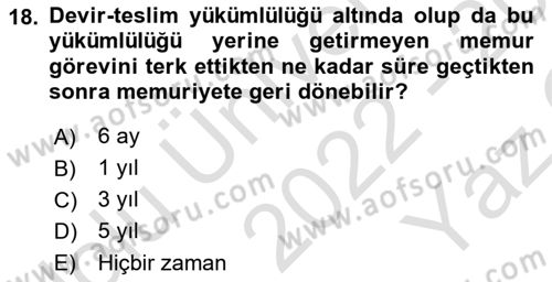 Kamu Personel Hukuku Dersi 2022 - 2023 Yılı Yaz Okulu Sınav Soruları 18. Soru