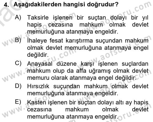 Kamu Personel Hukuku Dersi 2022 - 2023 Yılı Yaz Okulu Sınav Soruları 4. Soru