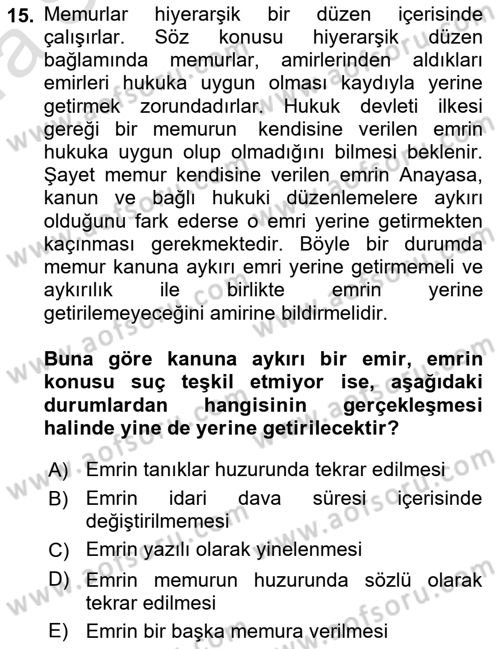 Kamu Personel Hukuku Dersi 2023 - 2024 Yılı (Vize) Ara Sınav Soruları 15. Soru