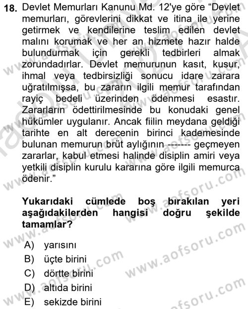 Kamu Personel Hukuku Dersi Ara Sınavı Deneme Sınav Soruları 18. Soru