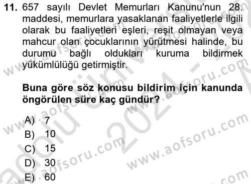 Kamu Personel Hukuku Dersi 2024 - 2025 Yılı (Vize) Ara Sınav Soruları 11. Soru