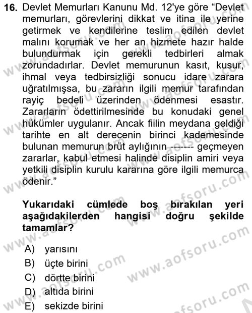 Kamu Personel Hukuku Dersi Ara Sınavı Deneme Sınav Soruları 16. Soru