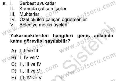 Kamu Personel Hukuku Dersi Ara Sınavı Deneme Sınav Soruları 5. Soru