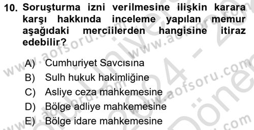 Kamu Personel Hukuku Dersi 2024 - 2025 Yılı (Final) Dönem Sonu Sınav Soruları 10. Soru