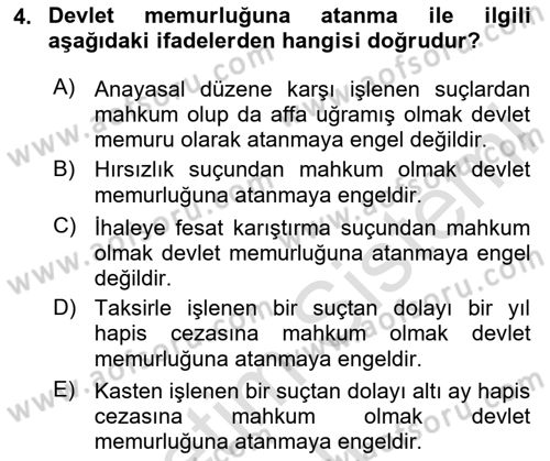 Kamu Personel Hukuku Dersi 2024 - 2025 Yılı Yaz Okulu Sınav Soruları 4. Soru