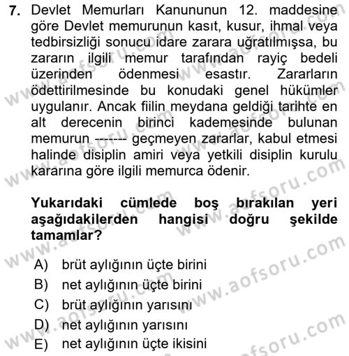 Kamu Personel Hukuku Dersi 2024 - 2025 Yılı Yaz Okulu Sınav Soruları 7. Soru