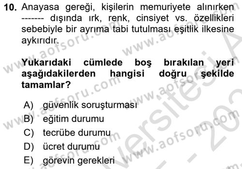 Kamu Personel Hukuku Dersi 2025 - 2026 Yılı (Vize) Ara Sınav Soruları 10. Soru