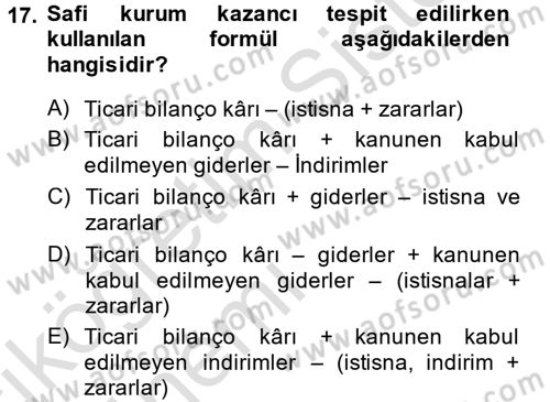 Özel Vergi Hukuku 1 Dersi 2013 - 2014 Yılı Tek Ders Sınav Soruları 17. Soru