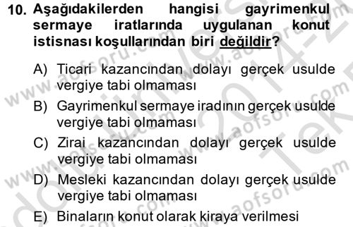 Özel Vergi Hukuku 1 Dersi 2014 - 2015 Yılı Tek Ders Sınav Soruları 10. Soru