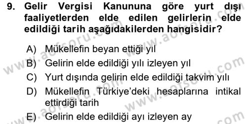 Özel Vergi Hukuku 1 Dersi 2015 - 2016 Yılı (Vize) Ara Sınav Soruları 9. Soru