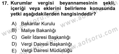 Özel Vergi Hukuku 1 Dersi 2015 - 2016 Yılı (Final) Dönem Sonu Sınav Soruları 17. Soru