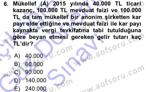 Özel Vergi Hukuku 1 Dersi 2015 - 2016 Yılı (Final) Dönem Sonu Sınav Soruları 6. Soru