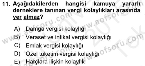 Özel Vergi Hukuku 1 Dersi 2015 - 2016 Yılı Tek Ders Sınav Soruları 11. Soru