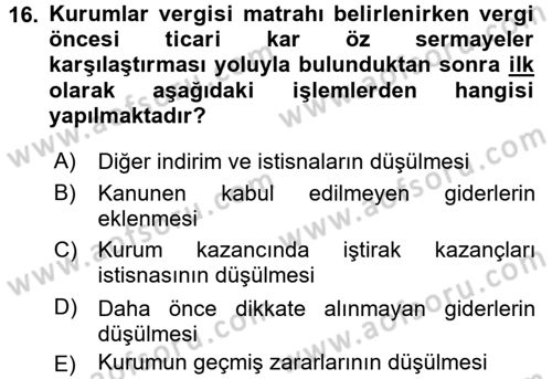 Özel Vergi Hukuku 1 Dersi 2015 - 2016 Yılı Tek Ders Sınav Soruları 16. Soru