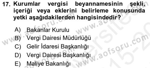Özel Vergi Hukuku 1 Dersi 2015 - 2016 Yılı Tek Ders Sınav Soruları 17. Soru