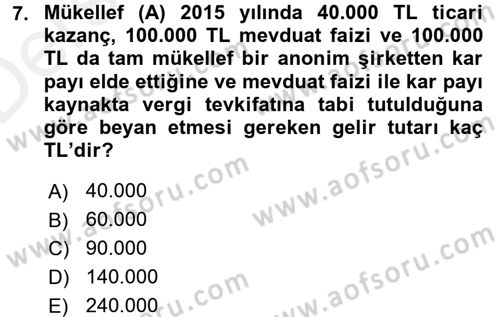 Özel Vergi Hukuku 1 Dersi 2015 - 2016 Yılı Tek Ders Sınav Soruları 7. Soru