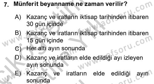 Özel Vergi Hukuku 1 Dersi 2016 - 2017 Yılı 3 Ders Sınav Soruları 7. Soru