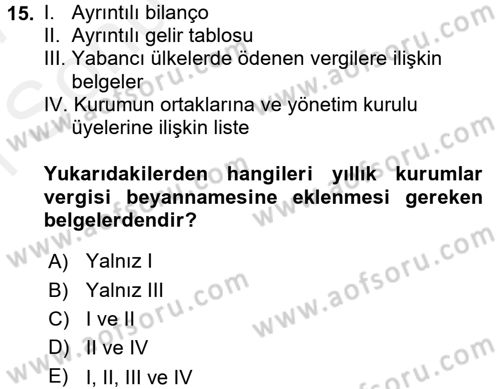 Özel Vergi Hukuku 1 Dersi 2016 - 2017 Yılı (Final) Dönem Sonu Sınav Soruları 15. Soru