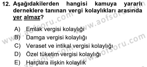 Özel Vergi Hukuku 1 Dersi 2017 - 2018 Yılı 3 Ders Sınav Soruları 12. Soru