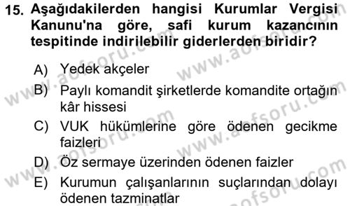 Özel Vergi Hukuku 1 Dersi 2017 - 2018 Yılı 3 Ders Sınav Soruları 15. Soru