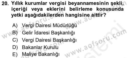 Özel Vergi Hukuku 1 Dersi 2017 - 2018 Yılı 3 Ders Sınav Soruları 20. Soru