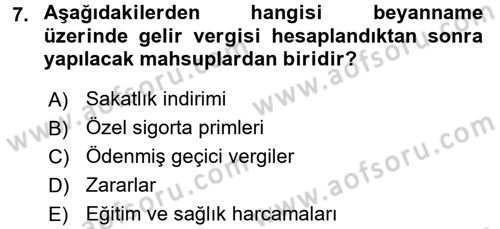 Özel Vergi Hukuku 1 Dersi 2017 - 2018 Yılı 3 Ders Sınav Soruları 7. Soru