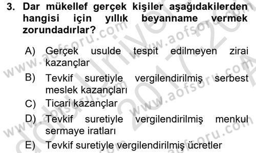 Özel Vergi Hukuku 1 Dersi 2017 - 2018 Yılı (Vize) Ara Sınav Soruları 3. Soru