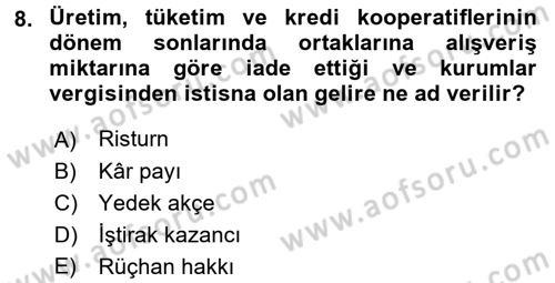 Özel Vergi Hukuku 1 Dersi 2017 - 2018 Yılı (Final) Dönem Sonu Sınav Soruları 8. Soru