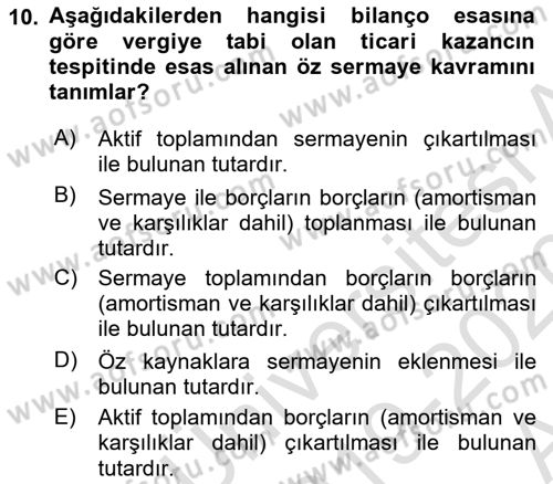 Özel Vergi Hukuku 1 Dersi Ara Sınavı Deneme Sınav Soruları 10. Soru