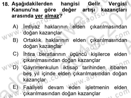 Özel Vergi Hukuku 1 Dersi Ara Sınavı Deneme Sınav Soruları 18. Soru