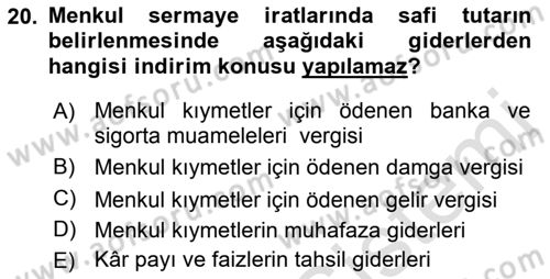 Özel Vergi Hukuku 1 Dersi Ara Sınavı Deneme Sınav Soruları 20. Soru