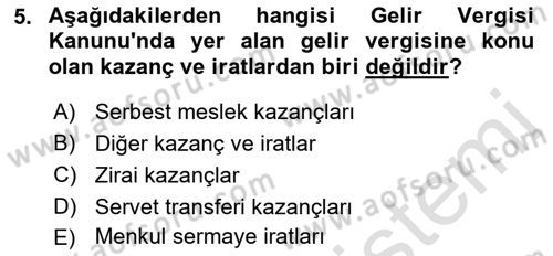 Özel Vergi Hukuku 1 Dersi 2019 - 2020 Yılı (Vize) Ara Sınav Soruları 5. Soru