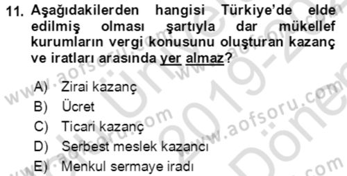 Özel Vergi Hukuku 1 Dersi 2019 - 2020 Yılı (Final) Dönem Sonu Sınav Soruları 11. Soru