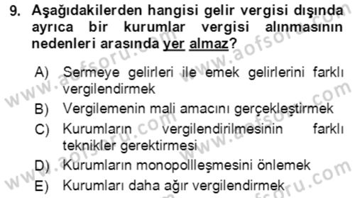 Özel Vergi Hukuku 1 Dersi 2019 - 2020 Yılı (Final) Dönem Sonu Sınav Soruları 9. Soru
