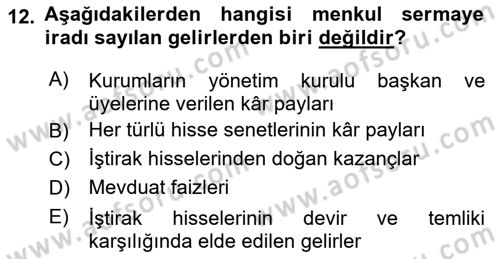Özel Vergi Hukuku 1 Dersi 2020 - 2021 Yılı Yaz Okulu Sınav Soruları 12. Soru