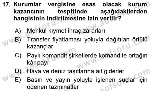 Özel Vergi Hukuku 1 Dersi 2020 - 2021 Yılı Yaz Okulu Sınav Soruları 17. Soru
