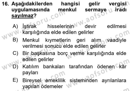 Özel Vergi Hukuku 1 Dersi Ara Sınavı Deneme Sınav Soruları 16. Soru