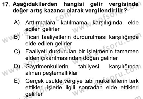 Özel Vergi Hukuku 1 Dersi Ara Sınavı Deneme Sınav Soruları 17. Soru