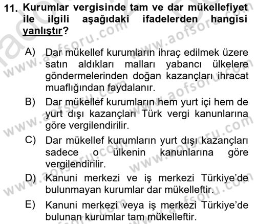 Özel Vergi Hukuku 1 Dersi 2021 - 2022 Yılı (Final) Dönem Sonu Sınav Soruları 11. Soru
