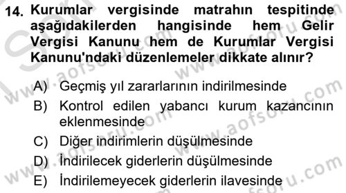 Özel Vergi Hukuku 1 Dersi 2021 - 2022 Yılı (Final) Dönem Sonu Sınav Soruları 14. Soru
