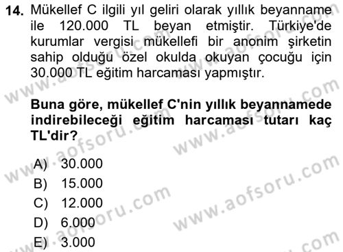 Özel Vergi Hukuku 1 Dersi 2021 - 2022 Yılı Yaz Okulu Sınav Soruları 14. Soru