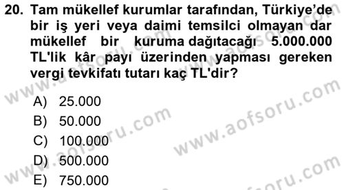 Özel Vergi Hukuku 1 Dersi 2021 - 2022 Yılı Yaz Okulu Sınav Soruları 20. Soru