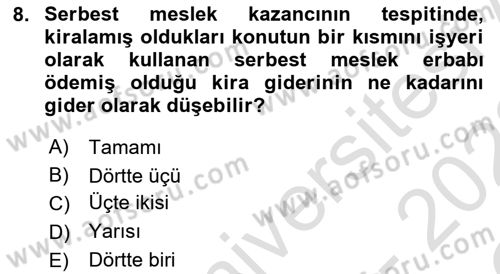 Özel Vergi Hukuku 1 Dersi 2021 - 2022 Yılı Yaz Okulu Sınav Soruları 8. Soru