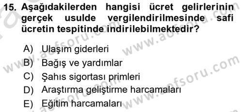 Özel Vergi Hukuku 1 Dersi Ara Sınavı Deneme Sınav Soruları 15. Soru