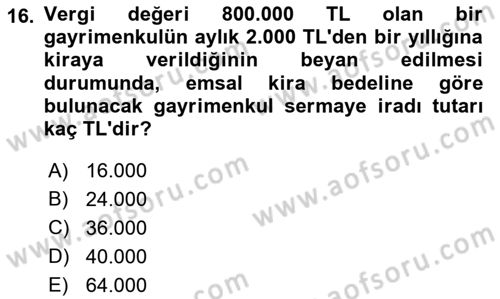 Özel Vergi Hukuku 1 Dersi Ara Sınavı Deneme Sınav Soruları 16. Soru