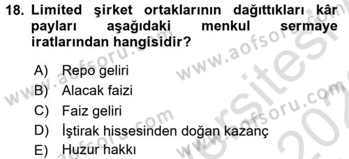 Özel Vergi Hukuku 1 Dersi 2022 - 2023 Yılı (Vize) Ara Sınav Soruları 18. Soru